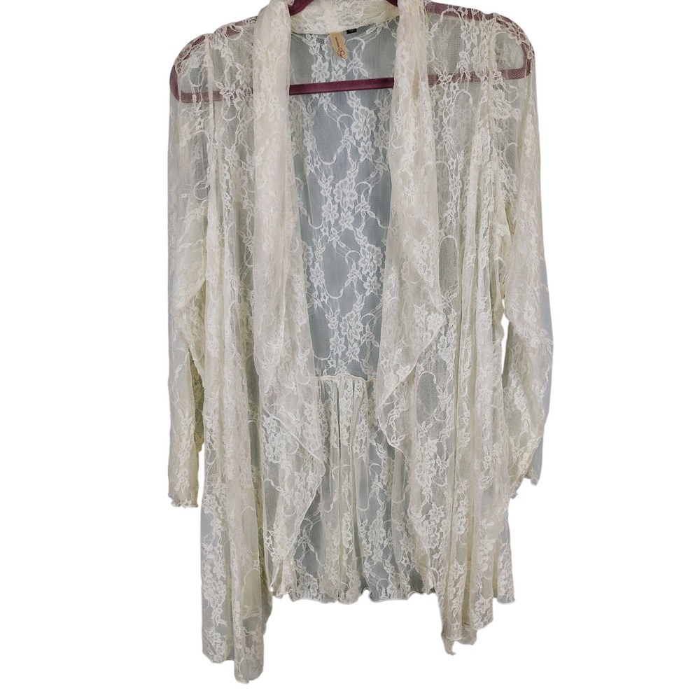 Rhonda Shear Womens 1X Sheer Floral Lace Cardigan Cream Bridal Fairycore Boho